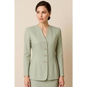 Kasper A.S.L. Petite 12P 100% Silk Sage Green Collarless Blazer Jacket Quiet Lux